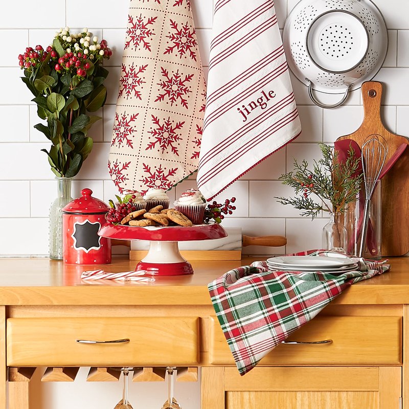 DII Nordic Christmas Collection Plaid & Stripes, Holiday Dish Towels, Kitchen Towel Set, 18x28, Jingle Stripe, Green Plaid, Red Snowflakes, 3 Count