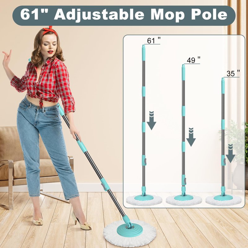 Mop and Bucket with Wringer Set,Spin Mop and Bucket System, Mops for Floor Cleaning,Household Supplies Tools with 6 Replacement Refills,61" Extended Handle for Household Hardwood Floor - White