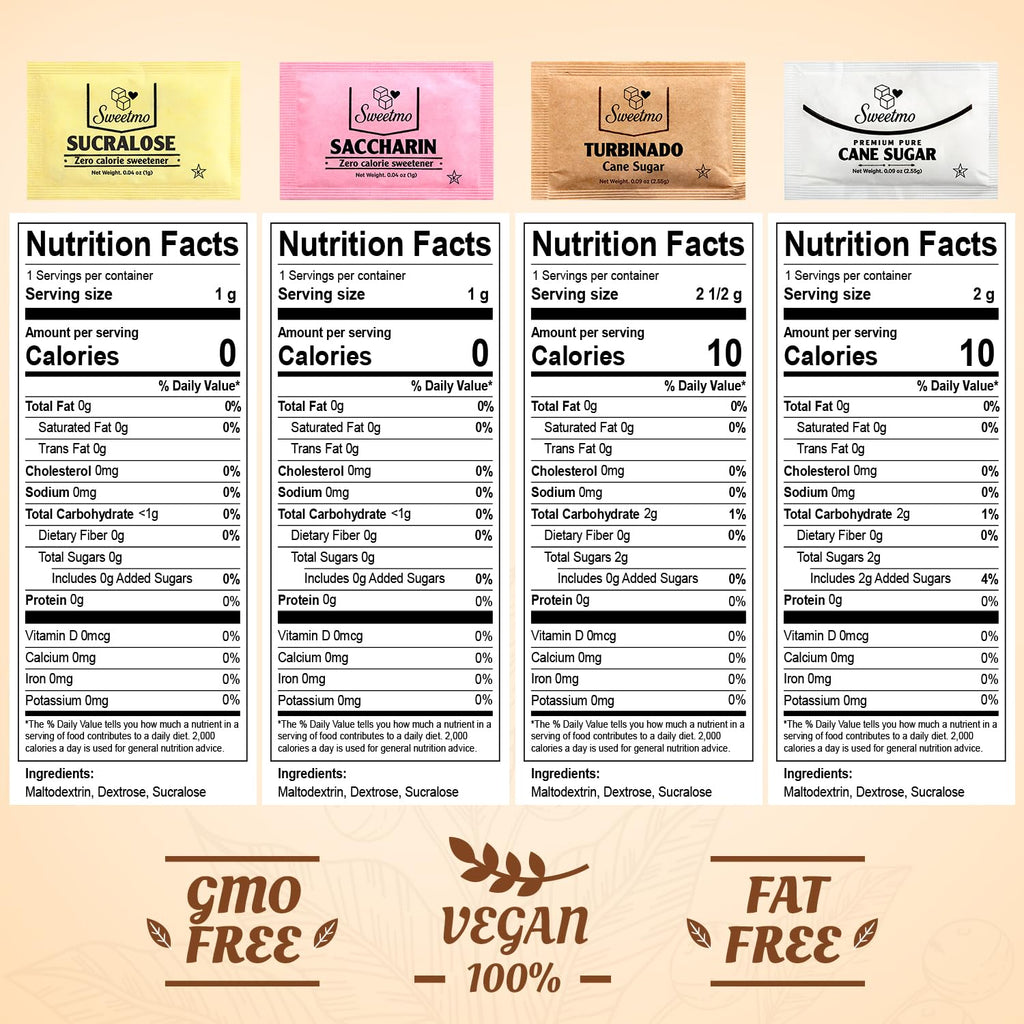 Sweetmo Sugar Packets Variety Pack - Sucralose, Raw, Cane Sugar & Stirrers - 400 Count for Coffee & Tea