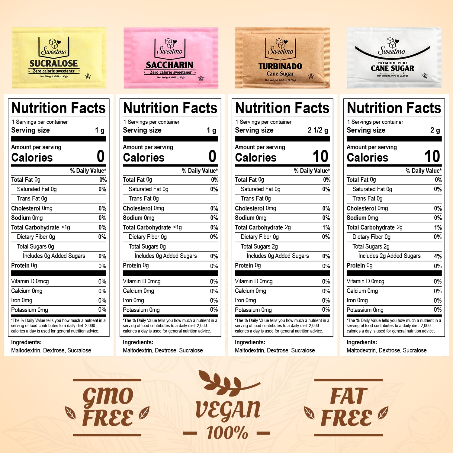 Sweetmo Sugar Packets Variety Pack - Sucralose, Raw, Cane Sugar & Stirrers - 400 Count for Coffee & Tea
