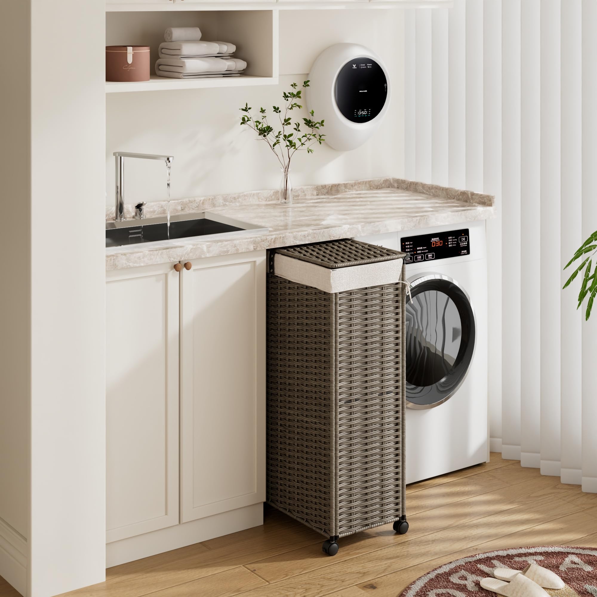 Rolling Laundry Hamper with Wheels and Lid, 90L Slim Laundry Basket with Removable Bag, Foldable Handwoven Rattan Laundry Sorter, Narrow Dirty Clothes Basket Organizer, No Assembly, Grey