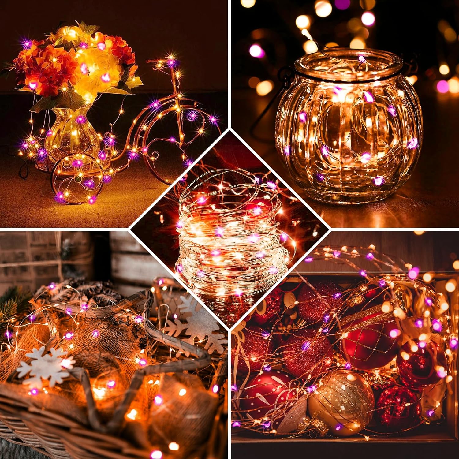 Skiennix 20 LED Fairy Lights - 7Ft Battery Operated Waterproof Twinkle String Lights | Orange & Purple for Parties, Weddings, and Holidays