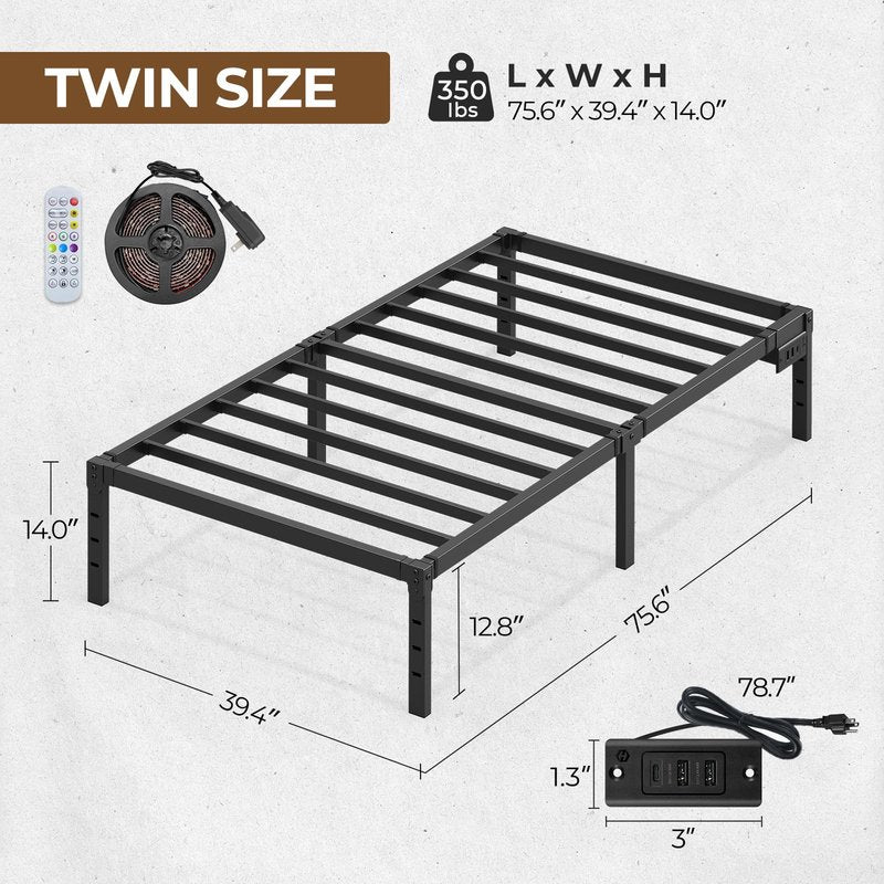 Rolanstar Bed Frame with USB Charging Station, Twin Bed Frame with LED Lights, Platform Bed Frame with Heavy Duty Steel Slats, 14" Storage Space Beneath Bed