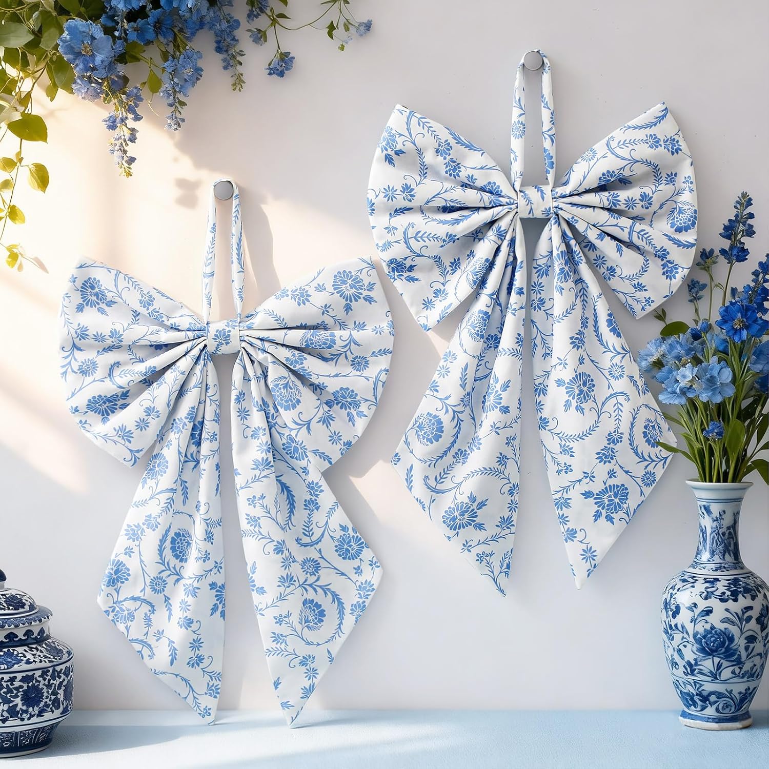 Suncalla Chinoiserie Wreath - Cute Flower Bow Front Door Hanger for Spring & Weddings | Blue Toile