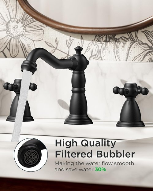 FORIOUS Matte Black Bathroom Faucet - Vintage 3 Hole Widespread Design with Cross Handles & Metal Drain | 8 Inch