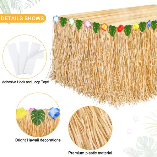 Aodaer 4 Pack Grass Table Skirt Hawaiian 108 x 30 Inch Straw Luau Table Skirt Hawaiian-themed Party Decoration for Tropical Hawaii, Summer Theme Decorations Supplies