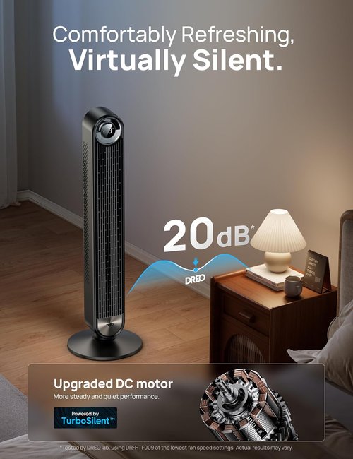 DREO Tower Fan - 90° Oscillating Standing Floor Fan with 28ft/s Velocity, 25dB Quiet Operation, 9 Speeds & Remote Control