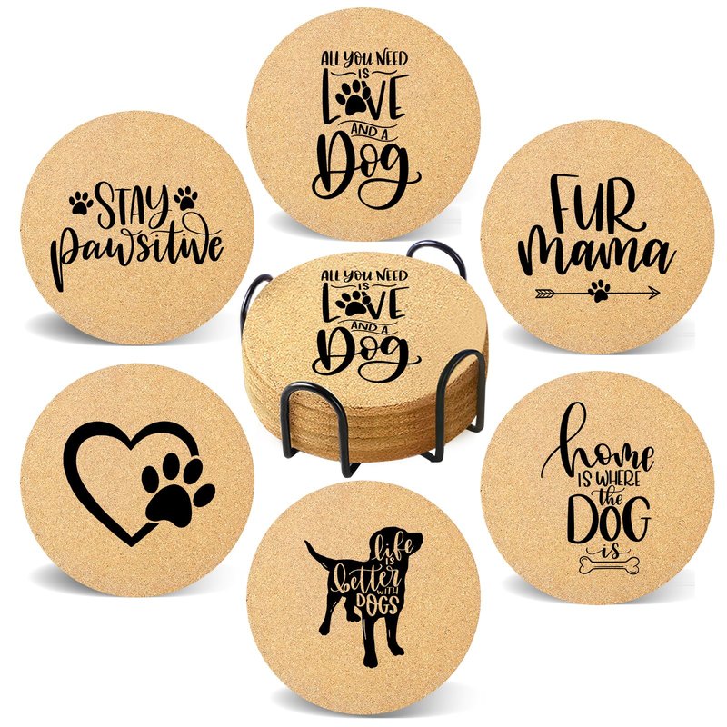 Cegkuc Coasters for Drinks with Set of 6, Cute Dog Coaster for New Home Couples House Warming Gifts Absorbent Paw Cork Wood Bulk for Cup Desk Coffee Table Office Kitchen Decor, Round 4"