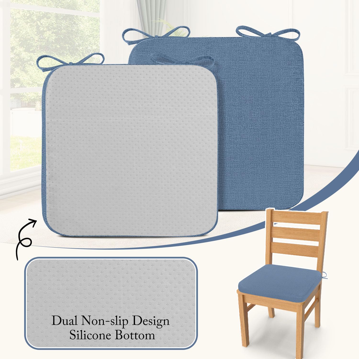Cozyide Chair Cushions for Dining Chairs, Square Chair Pads with Ties and Non-Slip Bottom, Kitchen Chair Cushions 4 Pack, 16" x 16" x 2", Khaki