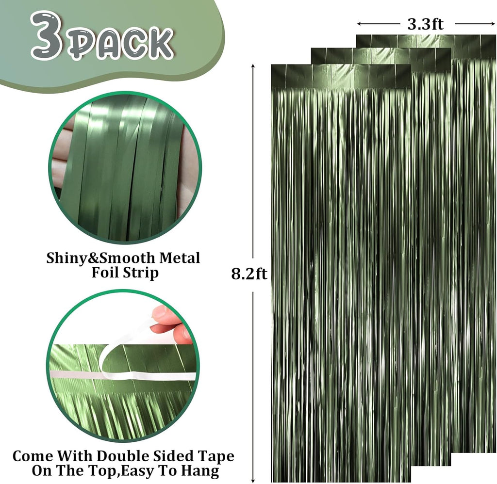Voircoloria Matte Green Foil Fringe Backdrop Curtains - 3 Pack Tinsel Streamers for Parties & Events