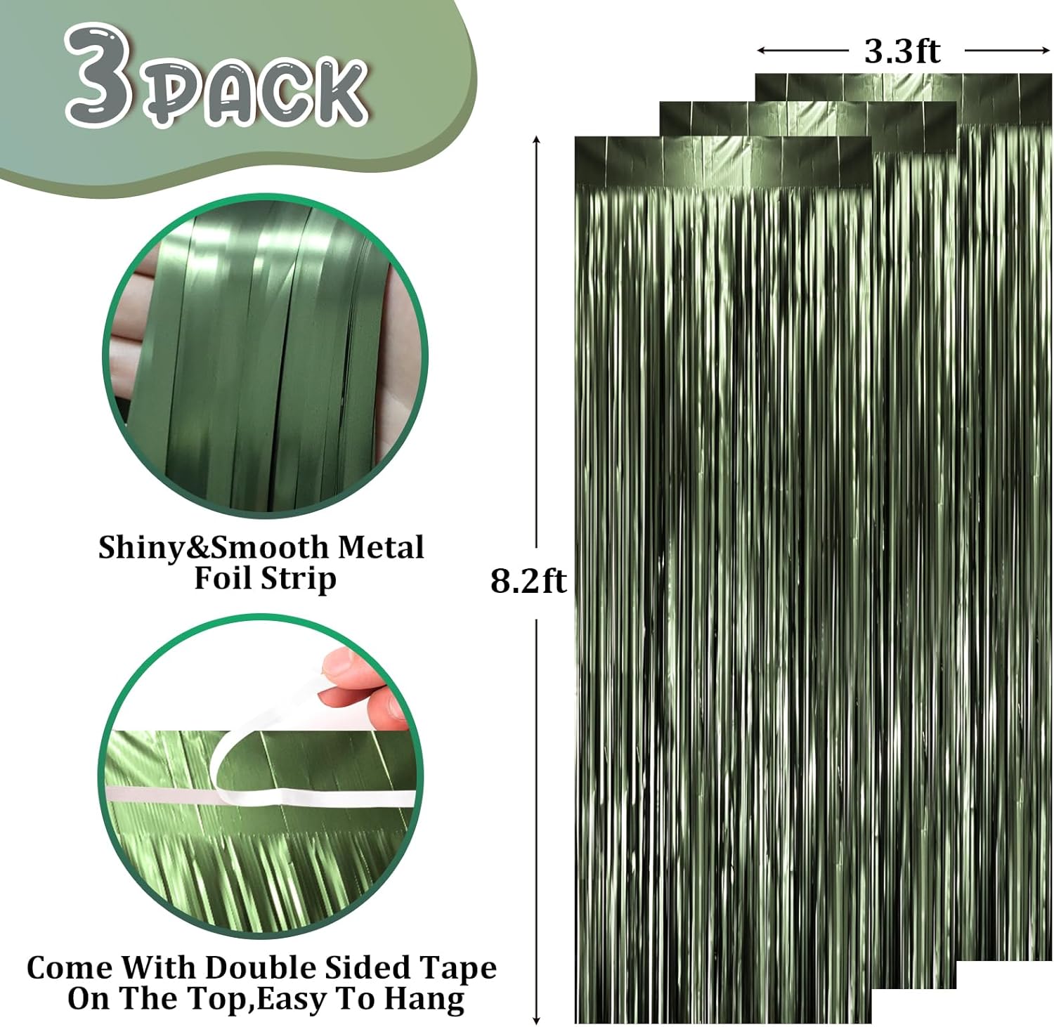 Voircoloria Matte Green Foil Fringe Backdrop Curtains - 3 Pack Tinsel Streamers for Parties & Events