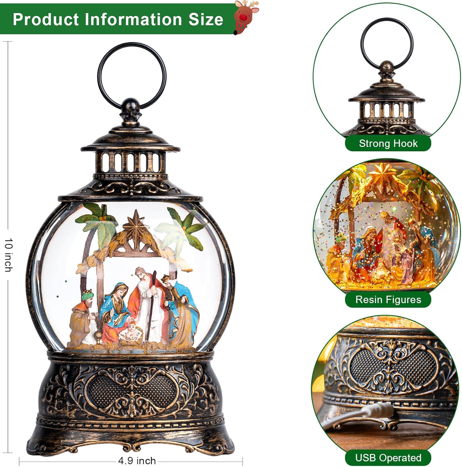 Regine Switzerland Christmas Snow Globe Lantern - Musical Holy Family Nativity Scene | 6H Timer, USB & Battery Operated