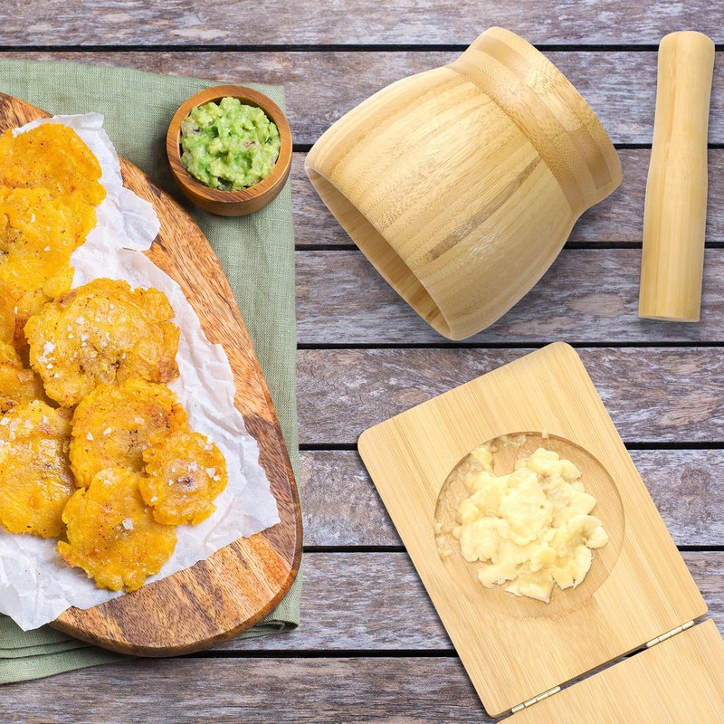 Lineshading 2 Kitchen Tools, Jumbo Bamboo Mortar and Pestle Set Wood Tostonera Tostones Plantain Press Natural Plantain Smasher Guacamole Bowl Fried Banana Pepper Press Mincer Grinder Chopper Crusher