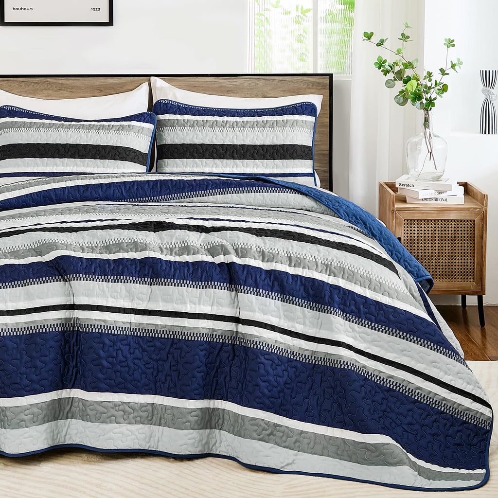 WONGS BEDDING Quilts Queen Size, Navy Blue Quilt Bedspread Bedding Set, Summer Queen Coverlet Sets with Shams, 3 Pieces Lightweight Striped Quilt for Bed(96"x 90")