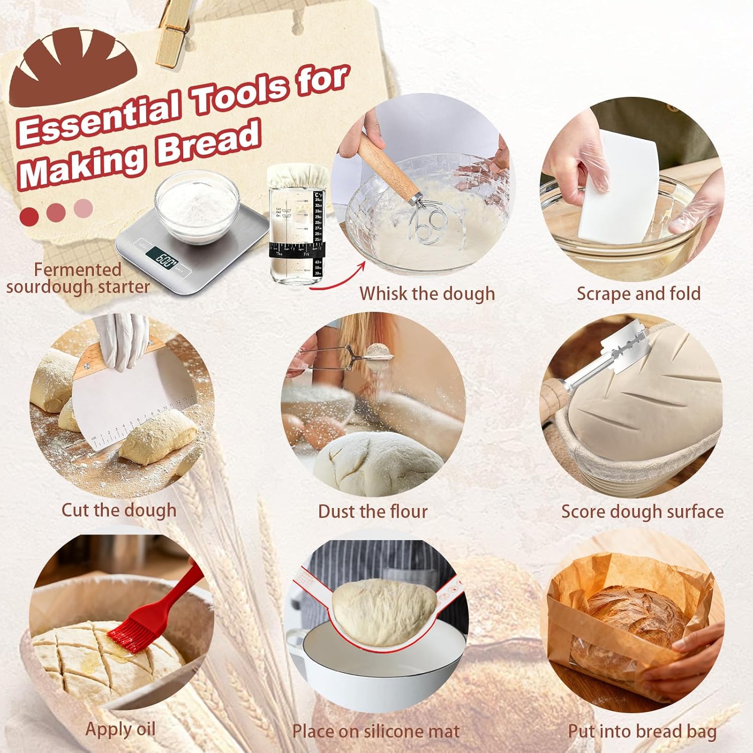 Skiennix Sourdough Starter Kit - Complete Baking Supplies with Scale, Glass Jar & Proofing Basket