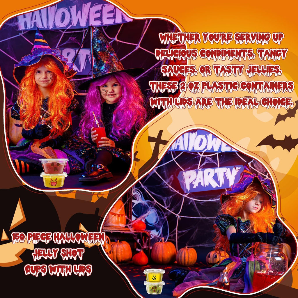 HSLCGF 150 Pcs 2 Oz Halloween Jelly Shot Cups with Lids Disposable Mini Sauce Cups 2 Oz Plastic Containers with Lids Cute Emoji Cups for Holidays Party Supplies (Ghost,Bat,Pumpkin)