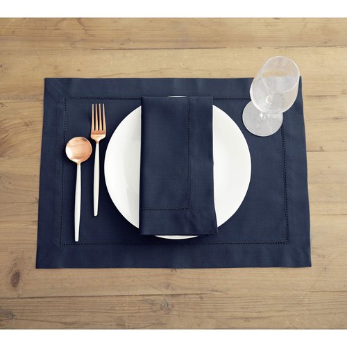 Solino Home Navy Blue Napkins Set of 6 - Cotton Linen Hemstitch Dinner Napkins Cloth 20 x 20 Inch for Winter, Spring, Easter - Handcrafted and Machine Washable