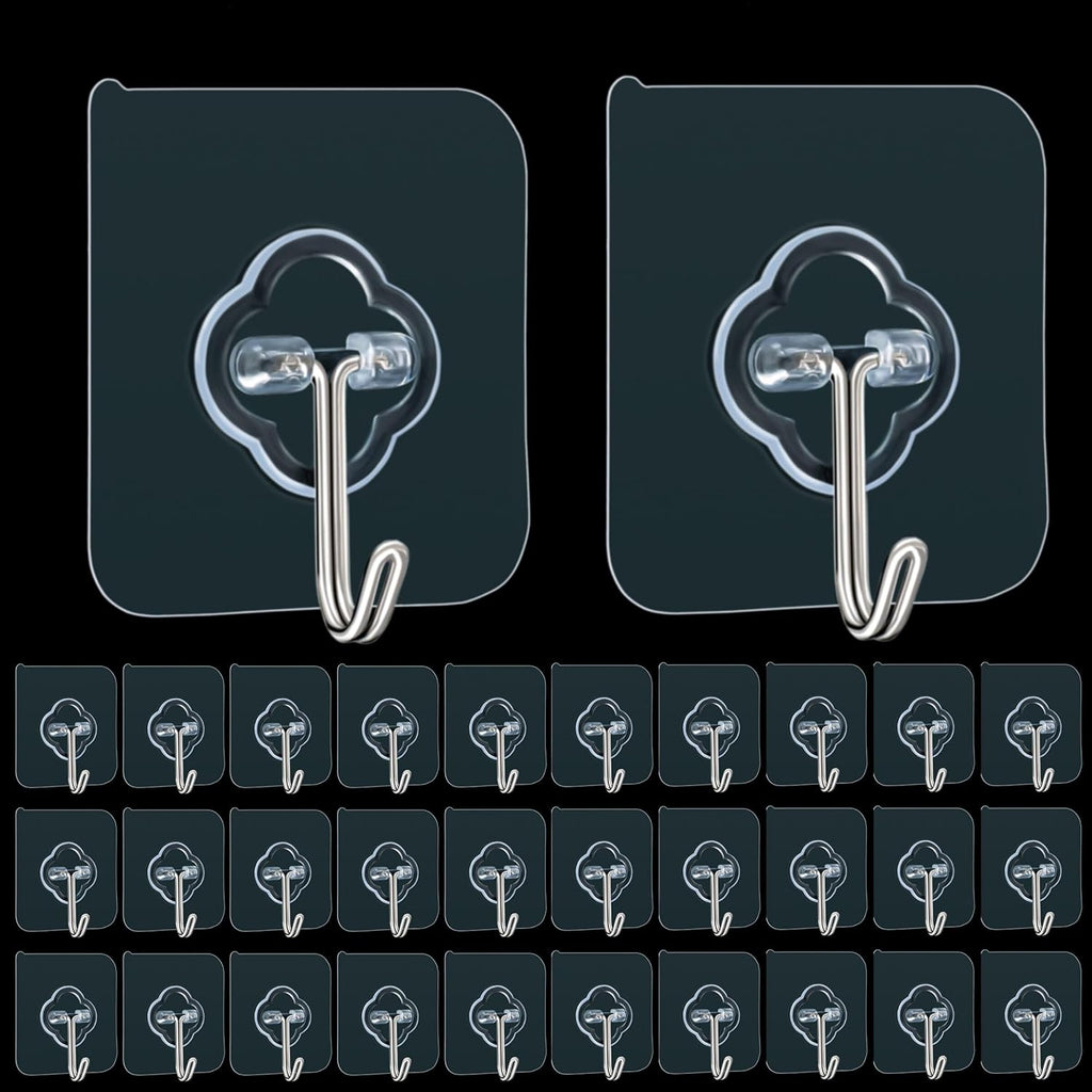 Skiennix Adhesive Hooks - 32 Pack 33lb Max Capacity | Transparent, Reusable & Removable Wall Hooks for Home & Outdoor Use