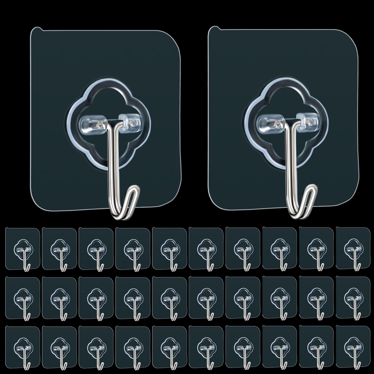 Skiennix Adhesive Hooks - 32 Pack 33lb Max Capacity | Transparent, Reusable & Removable Wall Hooks for Home & Outdoor Use