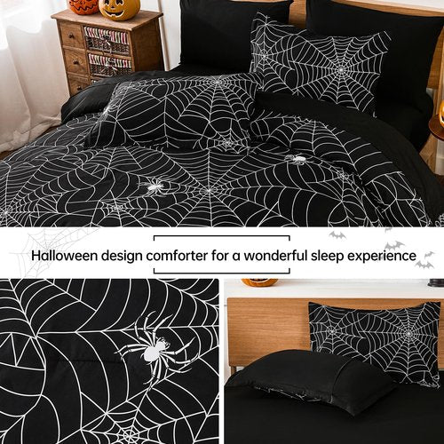 Luxudecor Halloween Comforter Set Queen Size 7 Pieces Bed in a Bag, Spider Cobweb Pattern Print on Black Bed Set, Black Halloween Themes Comforter with Sheet Set 90"x90"