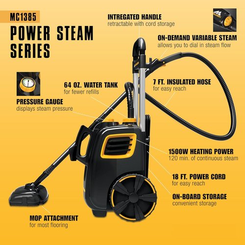 McCulloch MC1385 Deluxe Steam Cleaner - Chemical-Free, 2-Hour Runtime, 23 Accessories for Home & Car Detailing