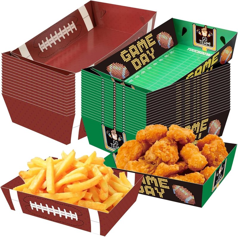 WIQEDOHA Football Party Plates 50Pack Disposable Rectangular Paper Trays Modern Patterned Football Themed Design 7.9 x 5.7 x 1.9" Football Party Supplies