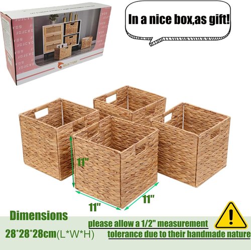 Handwoven Water Hyacinth Storage Baskets - 4 Pcs Foldable Square Bins for Laundry Organization | 11x11in