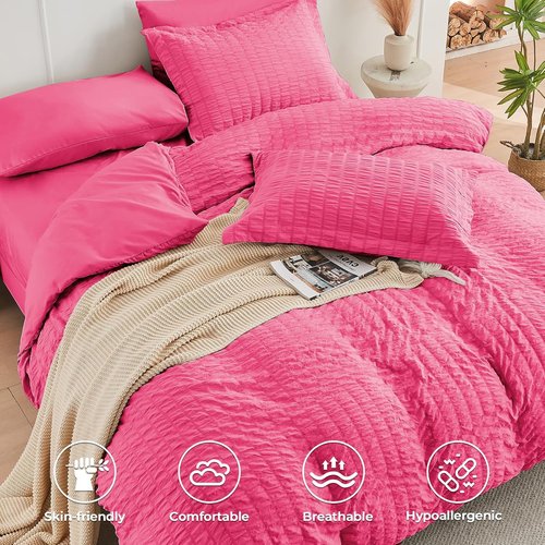 HYMOKEGE Queen Comforter Set - Hot Pink Seersucker 7-Piece Luxury Bedding Set for All Seasons