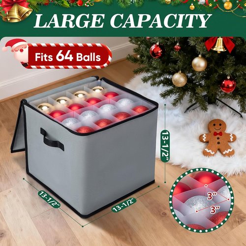 BALEINE Christmas Ornament Storage Box - Premium Holiday Container with Dividers for 64 Balls | Green Soft Design