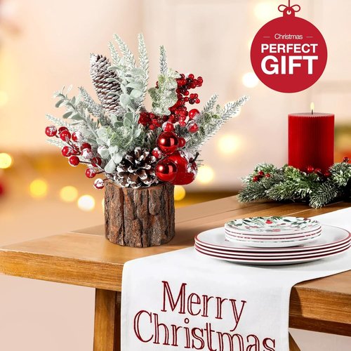 Hatisan Small Christmas Tree - Tabletop Artificial Pine Cone & Berry Ornaments | 2 Pack Red-Round for Holiday Decor