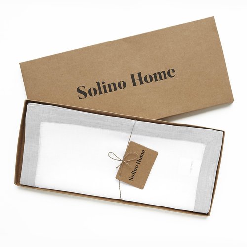 Solino Home Linen Table Runner 120 Inches Long - Soft Grey and White 100% Pure Linen 14 x 120 Inch Table Runner for Dining, Spring - Classic