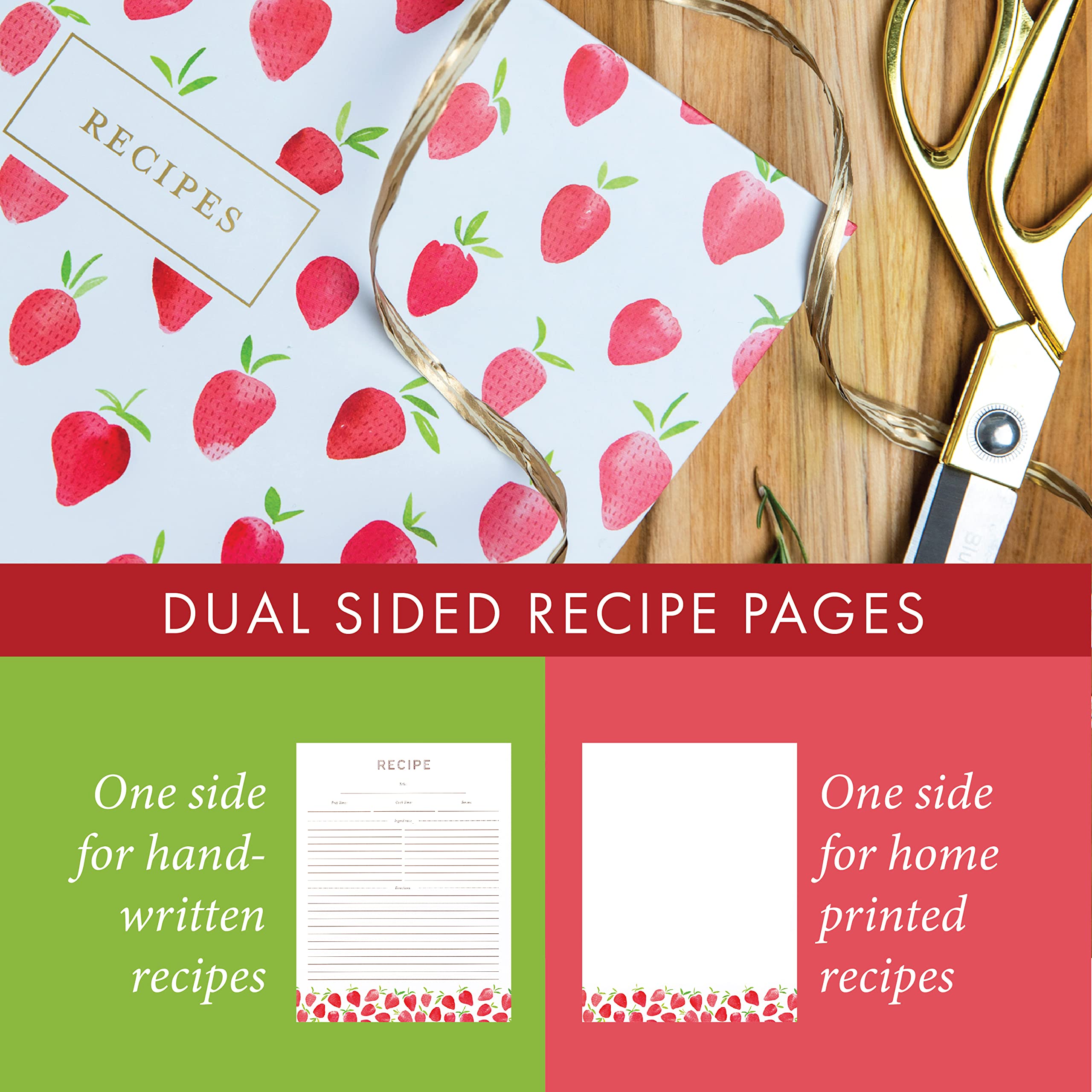 Jot & Mark 8.5" x 11" 3 Ring Recipe Binder with Spill-Proof Clear Binder Sleeves Sheet Protector, 30 Dual-Sided Recipe Card Pages for Written & Printed Recipes, Tabbed Dividers, Strawberry Wilds