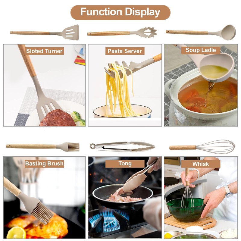 LDC Silicone Cooking Utensils Set 35 Piece with Holder - BPA Free Food Grade Silicone, Heat Resistant Wooden Handles, Cooking Spatula Set for Nonstick Cookware (Khaki)