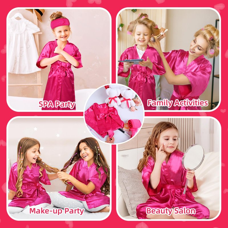 30 Pcs Kids Spa Party Supplies for Girls: Kids Satin Robes Salon Stuff Kit - 6 Robes 6 Basins 6 Makeup Headband 6 Towels 6 Hair Clip Braid - Foot Spa Sleepovers Slumber Birthday Favor (Rose Red)