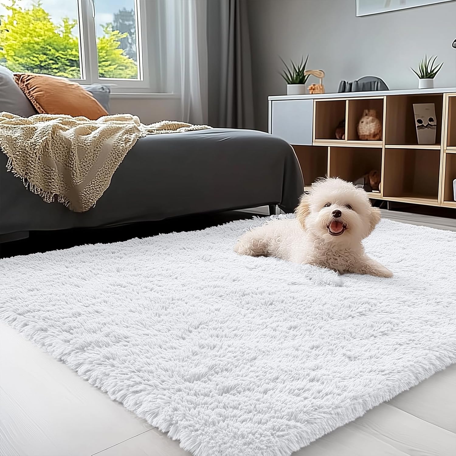 OLANLY Soft Fluffy Shaggy Bedside Rug - 3x5 Machine Washable Indoor Carpet for Kids & Nursery | White