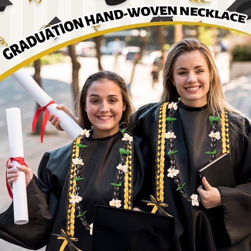 FYSUIMU Graduation Ribbon Lei - Handmade Black & Gold Kukui Nut Necklace for College Grads
