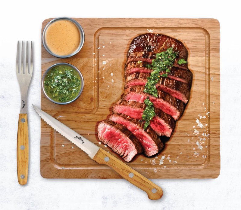 Jim Beam® 2 Pack Steak Serving Set - Durable Para-wood Serving Boards, Built-in Drip Grooves, Anti-Skid Feet, Service for Two, Includes Forks, Knives, and Sauce Cups, Board Size 10" x 9" x 0.4"