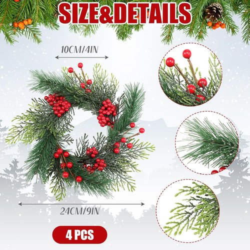 Knitgrip Mini Christmas Candle Rings - 4 Pcs Red Berry Pinecone Wreaths for Holiday Decor | Table Centerpieces