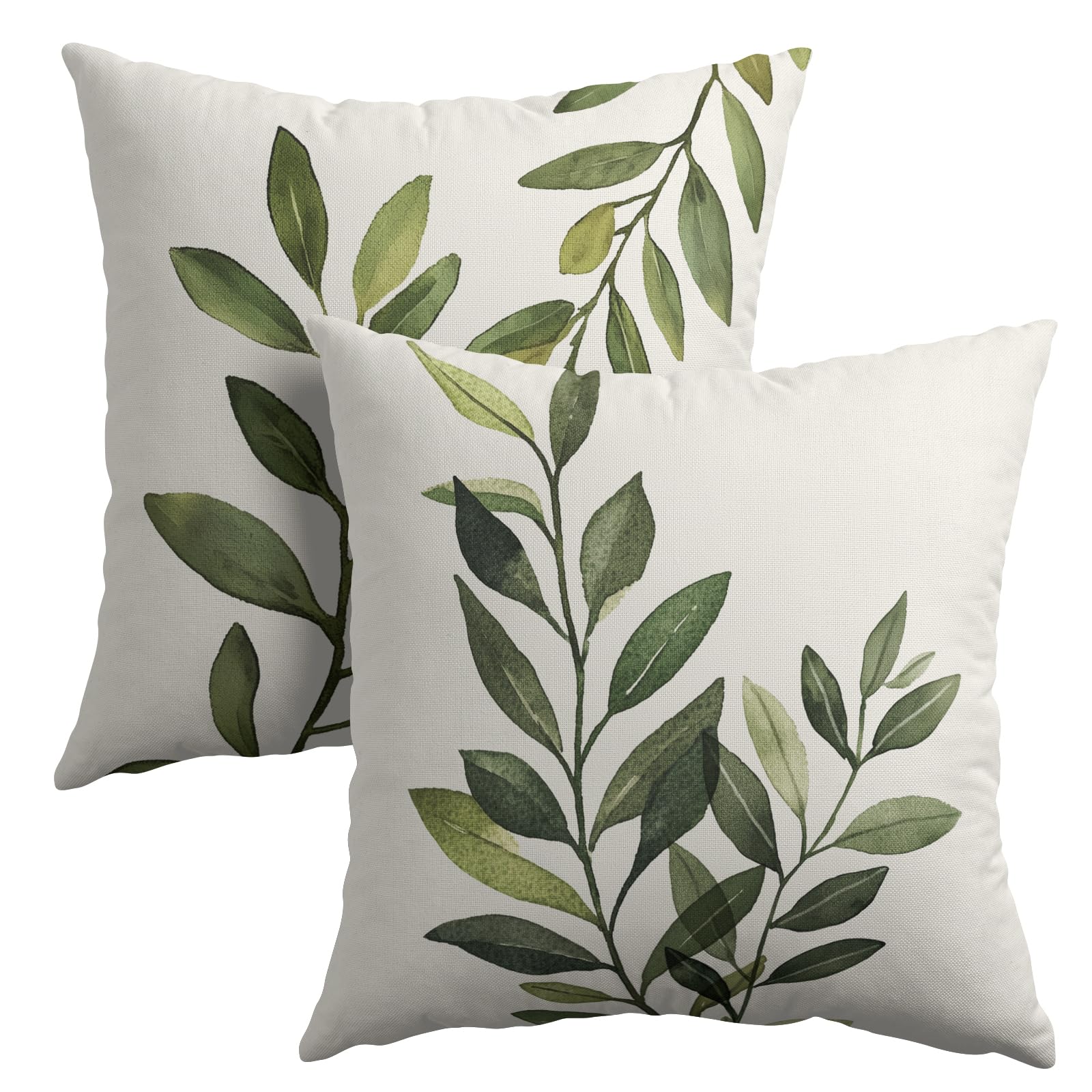 Kawani Sage Green Leaf Pillow Covers 18x18 Inch Set of 2 Spring Leaves Plants Botanical Decorative Pillowcase Cotton Linen Square Cushion Case for Couch Sofa Bedroom Home Decoration