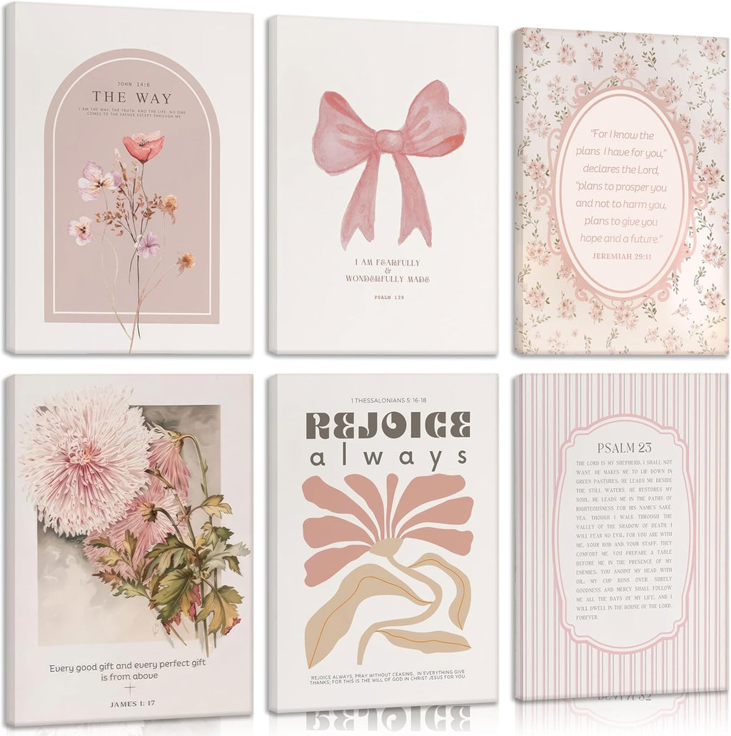 Skiennix 6Pcs Pink Christian Wall Art - Boho Floral Bible Verses Canvas Decor for Bedroom & Dorm