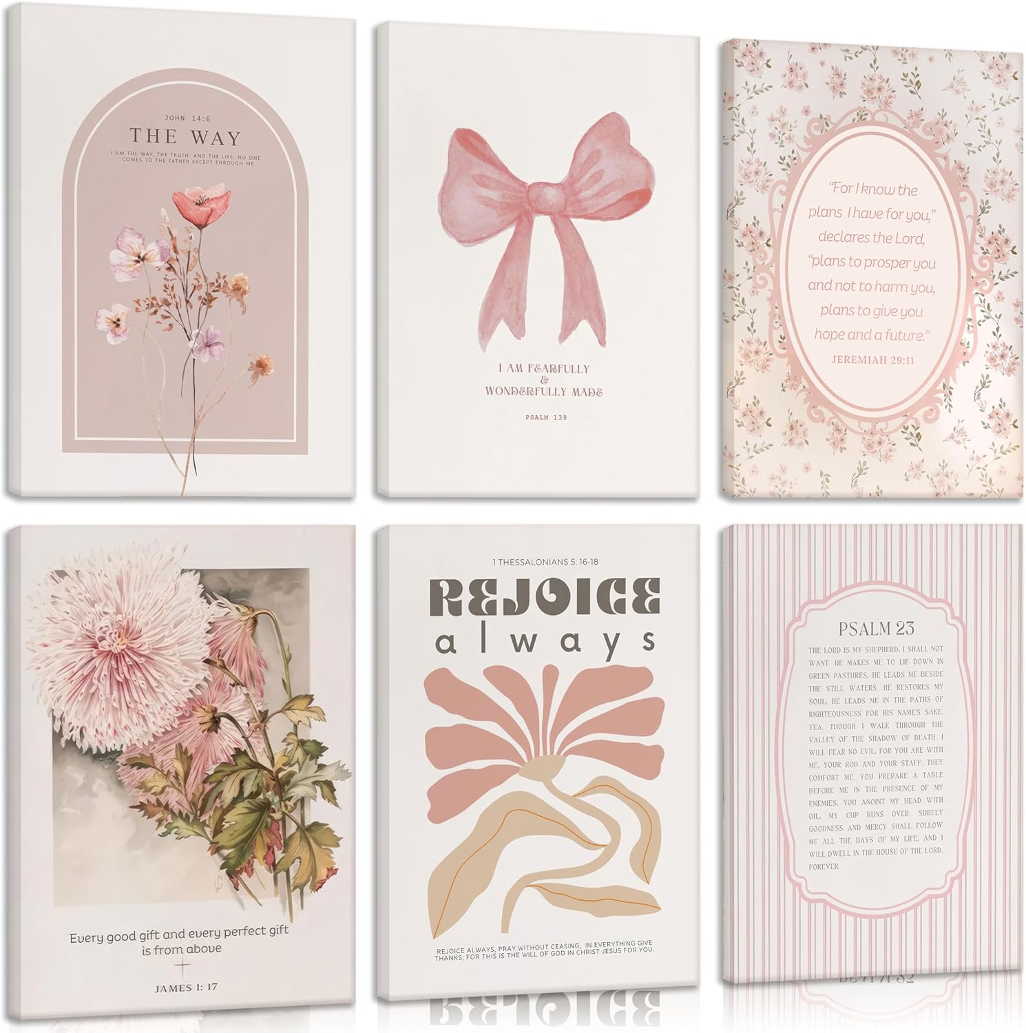 Skiennix 6Pcs Pink Christian Wall Art - Boho Floral Bible Verses Canvas Decor for Bedroom & Dorm