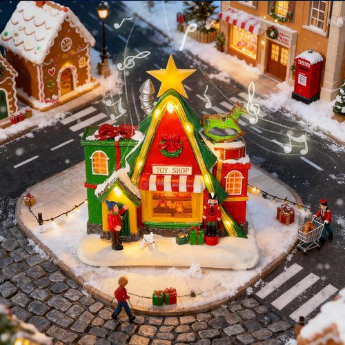LED Lighted Musical Village House - 7.1” Triangular Christmas Decoration for Holiday Home Decor