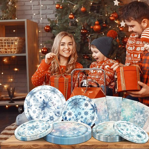 OGMOGKW Winter Wonderland Decorations Tableware,60pcs Blue Snowflake Paper Plates and Napkins Disposable Snowflake Party Decorations for Winter Holiday Party