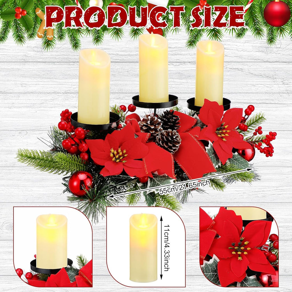 Regine Switzerland Christmas Centerpiece - 3 Candle Holders with LED Candles & String Lights | Poinsettia Red Buffalo Plaid Design