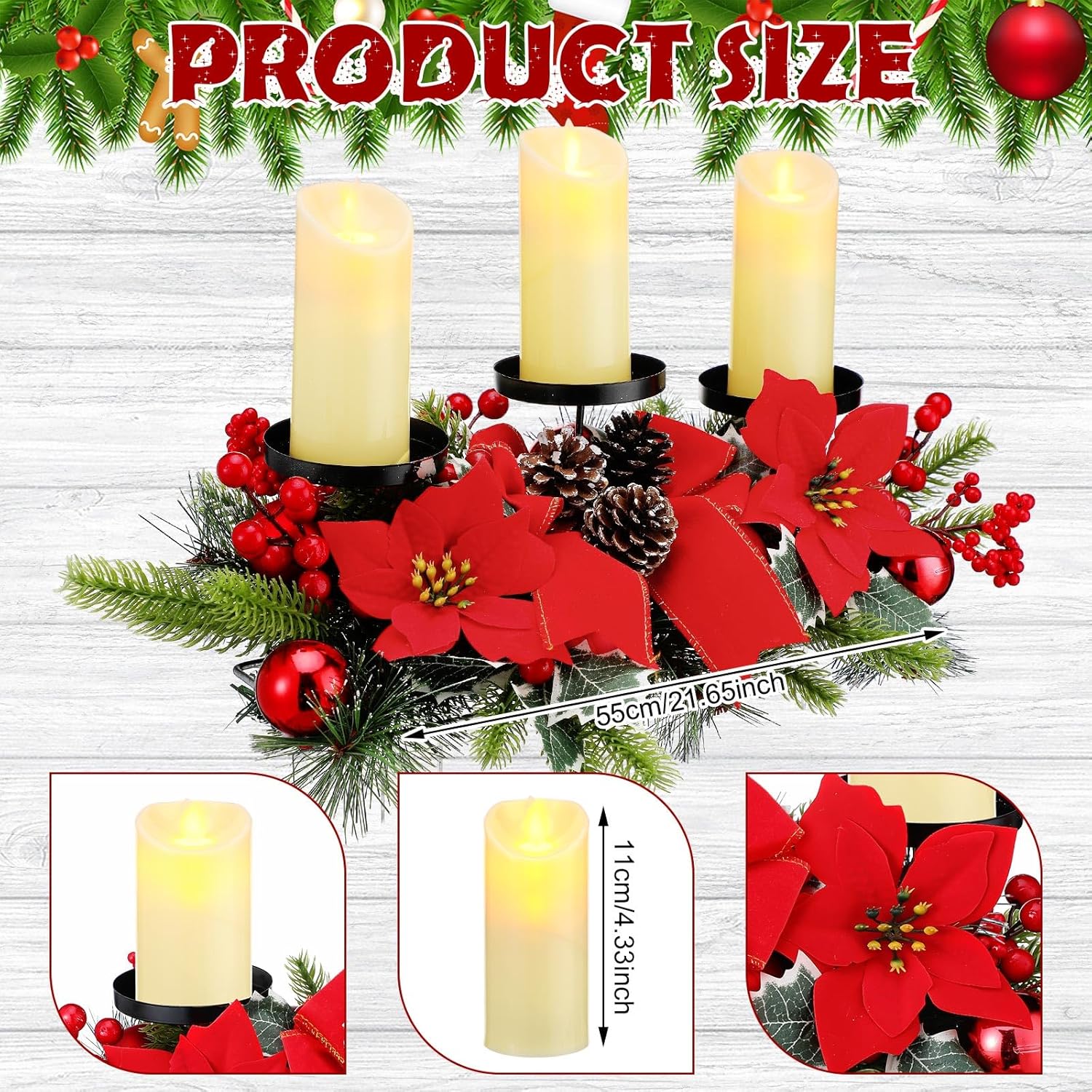 Regine Switzerland Christmas Centerpiece - 3 Candle Holders with LED Candles & String Lights | Poinsettia Red Buffalo Plaid Design