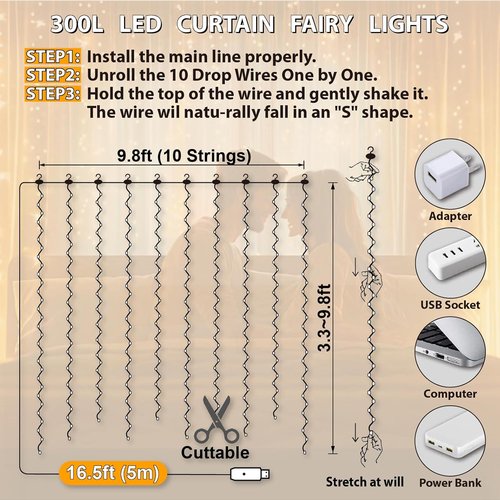 HXWEIYE 300LED Fairy Curtain Lights - 9.8x9.8Ft USB Plug-In with 8 Modes & Remote - Warm White | 2 Pack for Indoor Decor