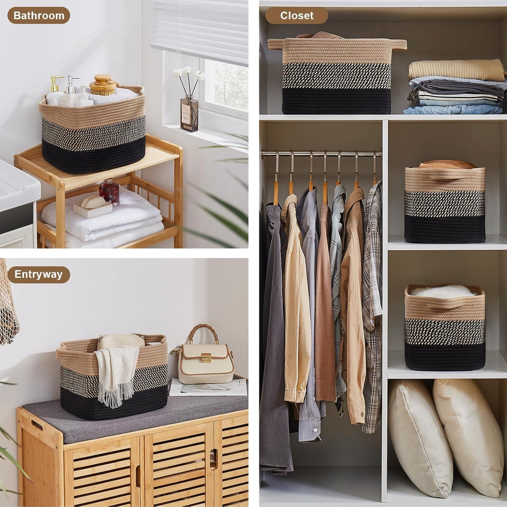 OIASKET Storage Baskets - Woven Organizing Bins for Toys & Books | Pack of 3 (Black & Brown, 13"x9.85"x8.7")