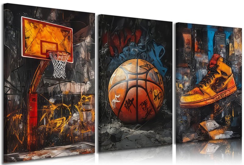 3pcs Graffiti Basketball Canvas Wall Art Basketball Court Sneakers Pictures Wall Decor Retro Abstract Graffiti Teen Posters Prints for Teen Boys Living Room Bedroom Decoration Ready To Hang