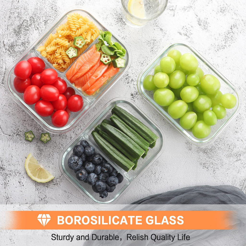 Bayco 9 Pack Glass Meal Prep Containers - 3, 2 & 1 Compartment Glass Food Storage Containers with Lids, Airtight & Leak Proof Lunch Bento Boxes - Grey