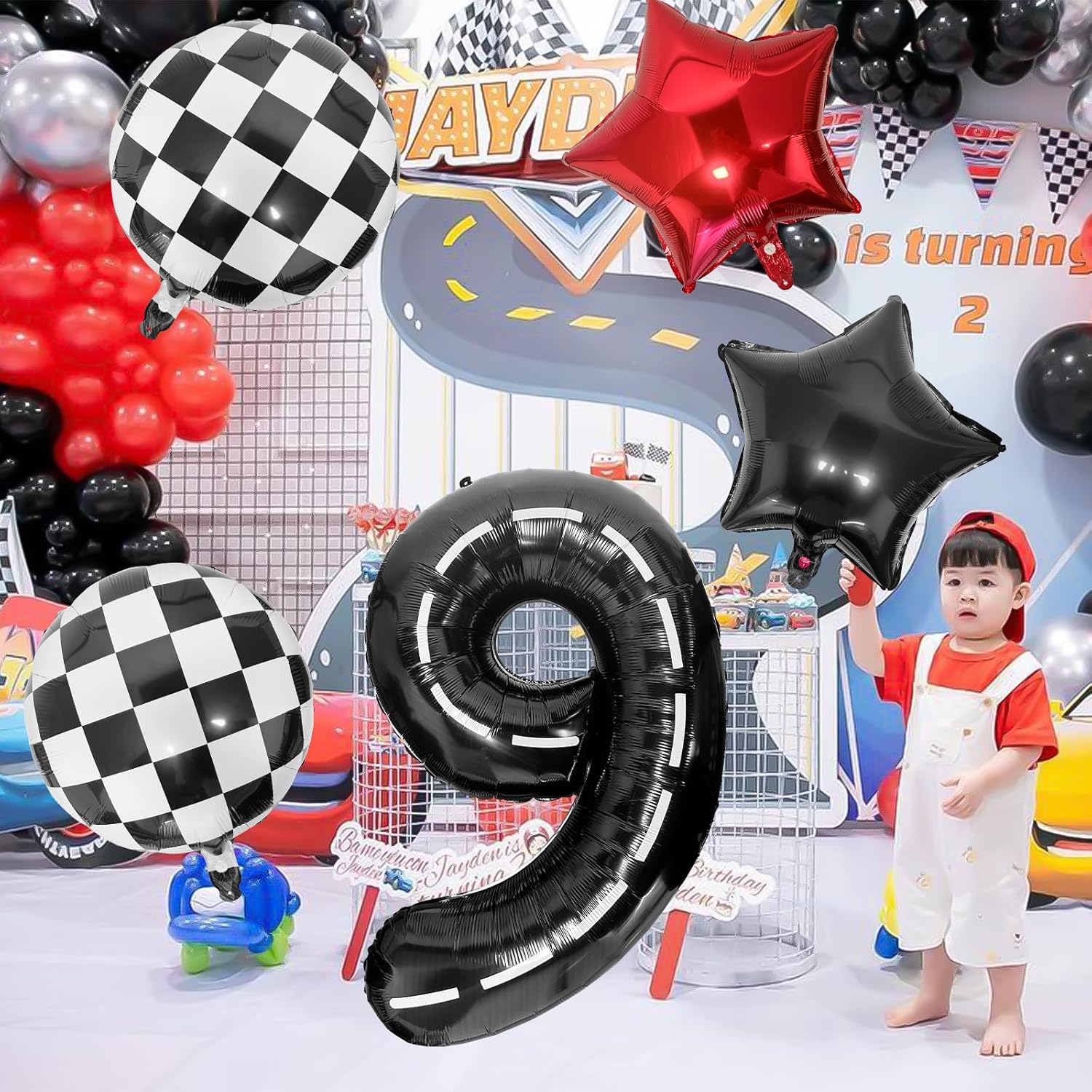 Race Car 9 Balloons - 40 Inch Checkered Flag Number 9 Balloon for Boys' 9th Birthday Party Supplies